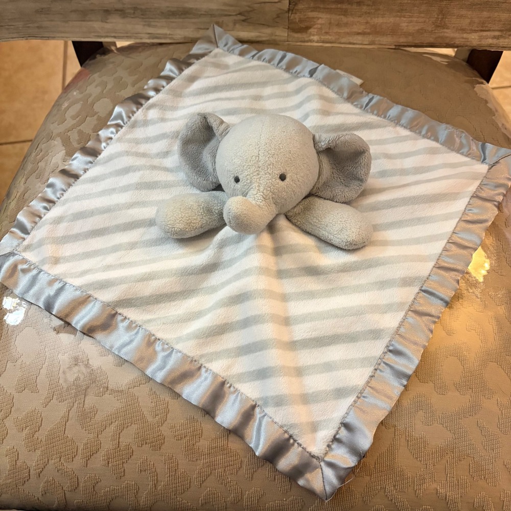 Cloud Island Gray White Striped Elephant Security Blanket Lovey Satin Trim